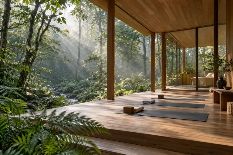 Concept imagery of a timber wellness retreat and yoga deck in a green forest